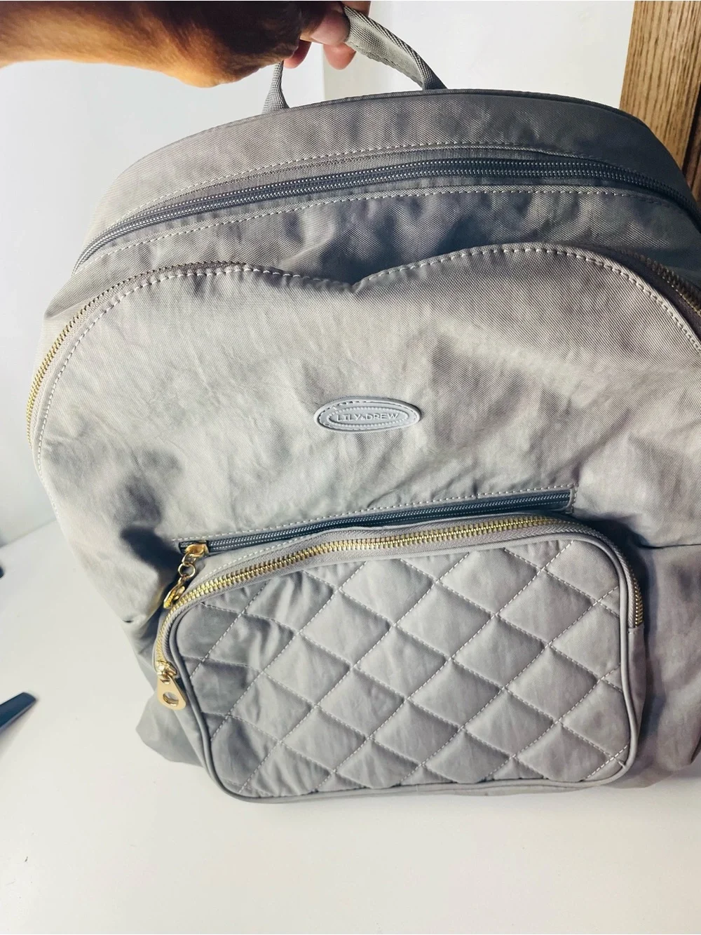 Lily & Drew Light wright Gray Nylon Backpack Organizer Gold Zippers Spacious